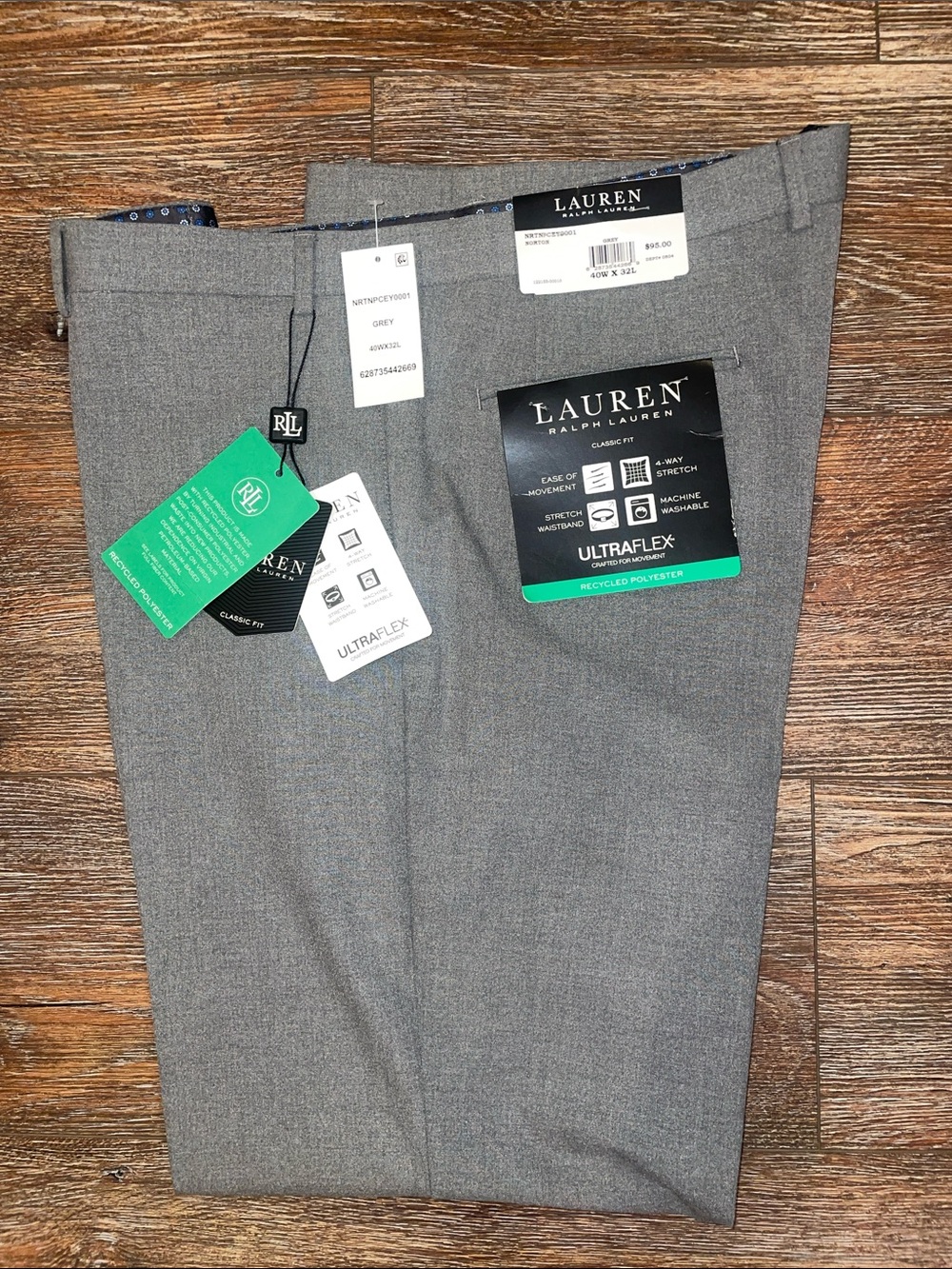 Lauren Ralph Lauren Men's Gray Ultraflex Flat Front Dress Pants, Size 40x32